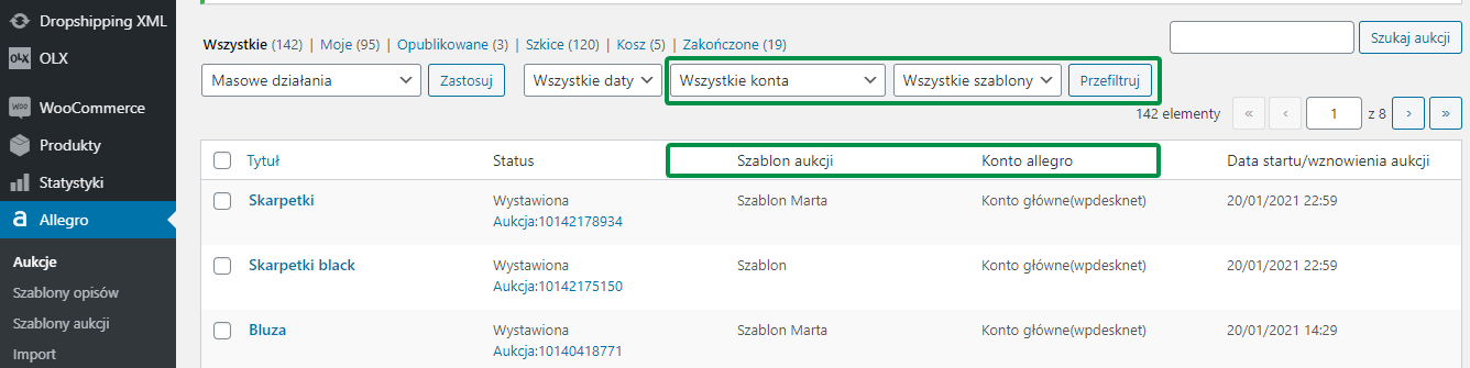 Allegro WooCommerce filtrowanie szablonu aukcji i konta Allegro w widoku aukcji