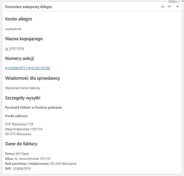 Allegro WooCommerce Formularz zakupowy Allegro dla zamówienia