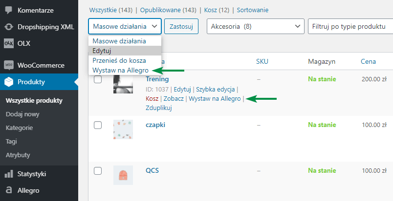 Allegro WooCommerce wybór produktów do wystawienia aukcji