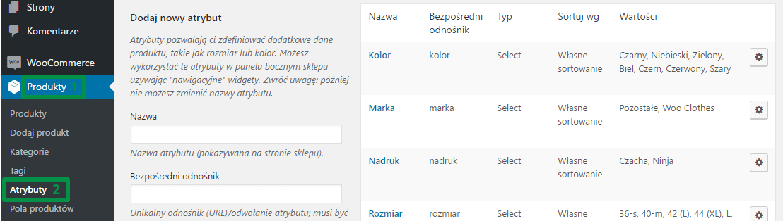 produkty w WooCommerce - atrybuty globalne