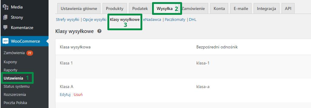 produkty w WooCommerce - klasy wysyłkowe