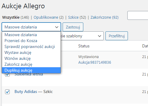 WooCommerce Allegro Duplikuj aukcje masowo