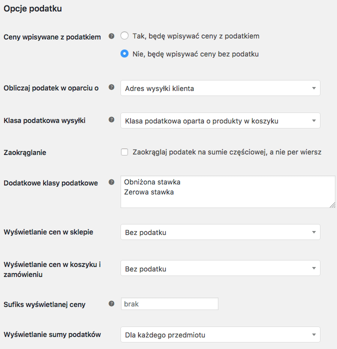 Opcje podatku WooCommerce