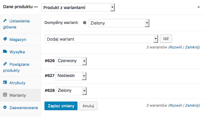 Konfiguracja wariantów w produkcie z wariantami