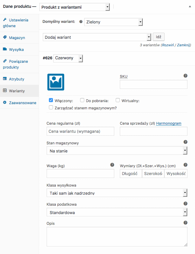 Konfiguracja pojedynczego wariantu w WooCommerce