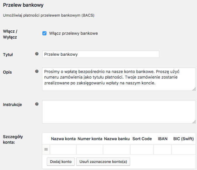 Przelew bankowy WooCommerce