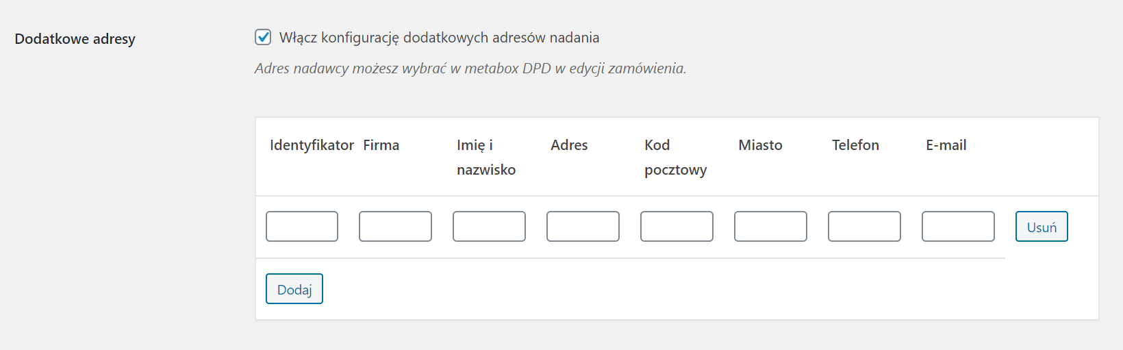 DPD WooCommerce dodatkowe adresy nadania