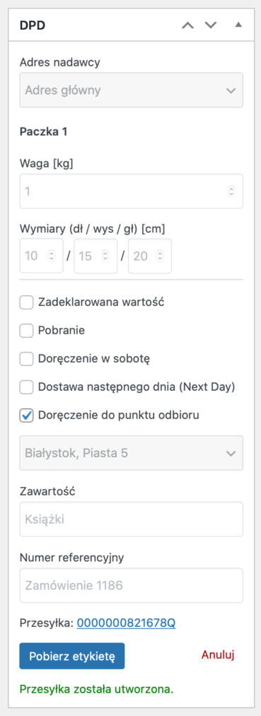 DPD WooCommerce - Nadana przesyłka