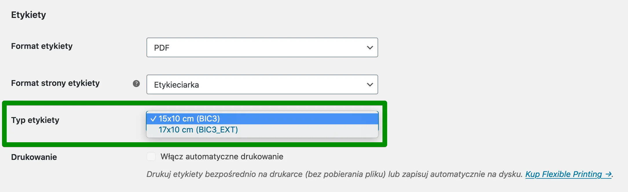 DPD WooCommerce - Typ etykiety