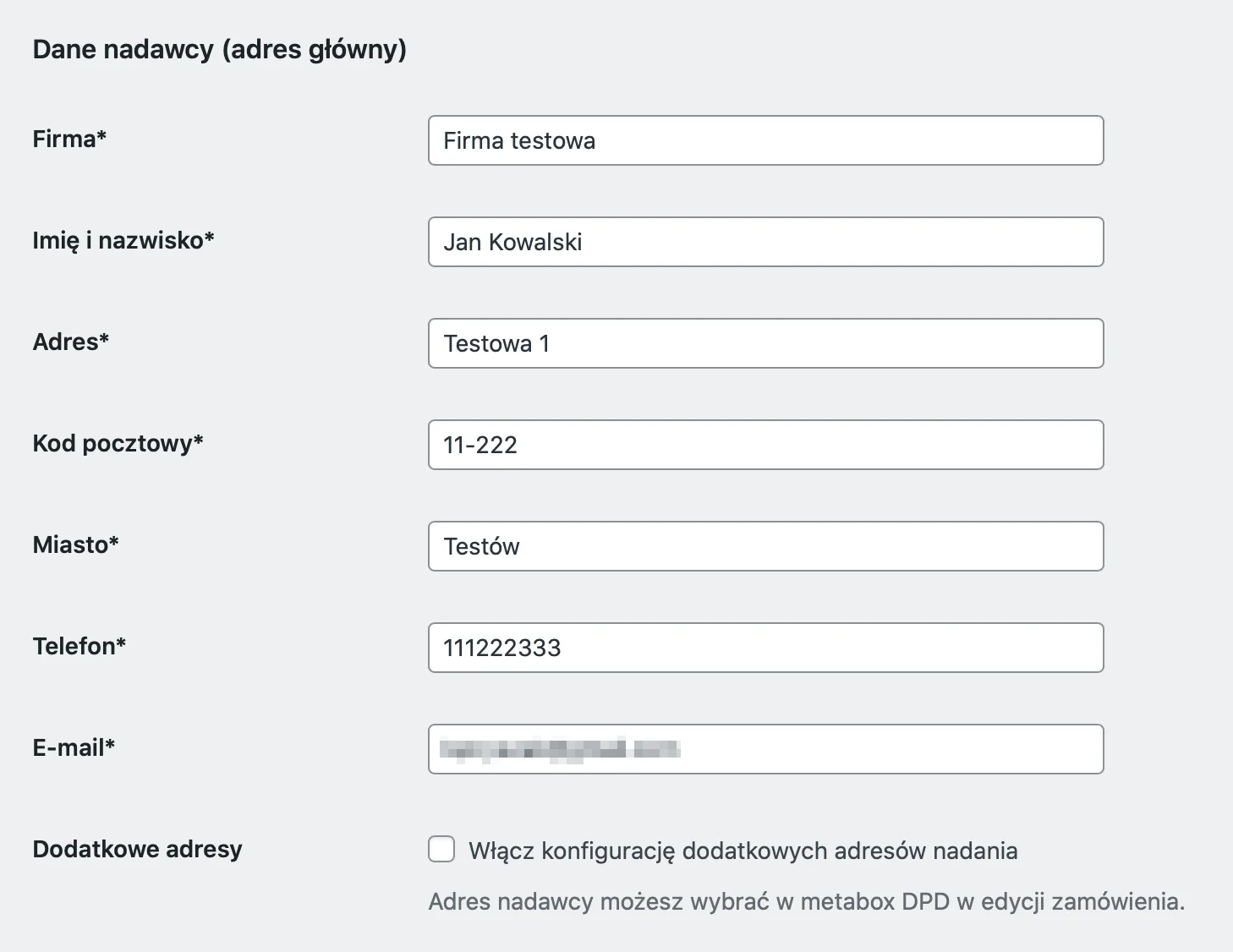 DPD WooCommerce - Dane nadawce