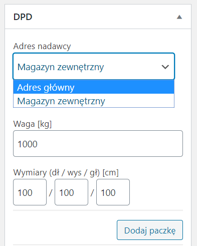 DPD WooCommerce - wybór adresu nadawcy