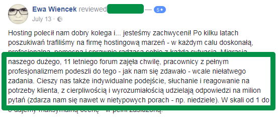 Opinia na temat supportu firmy hostingowej - zrzut ekranu