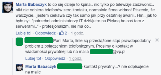 Komentarz jednego z klientów firmy hostingowej - brak kontaktu