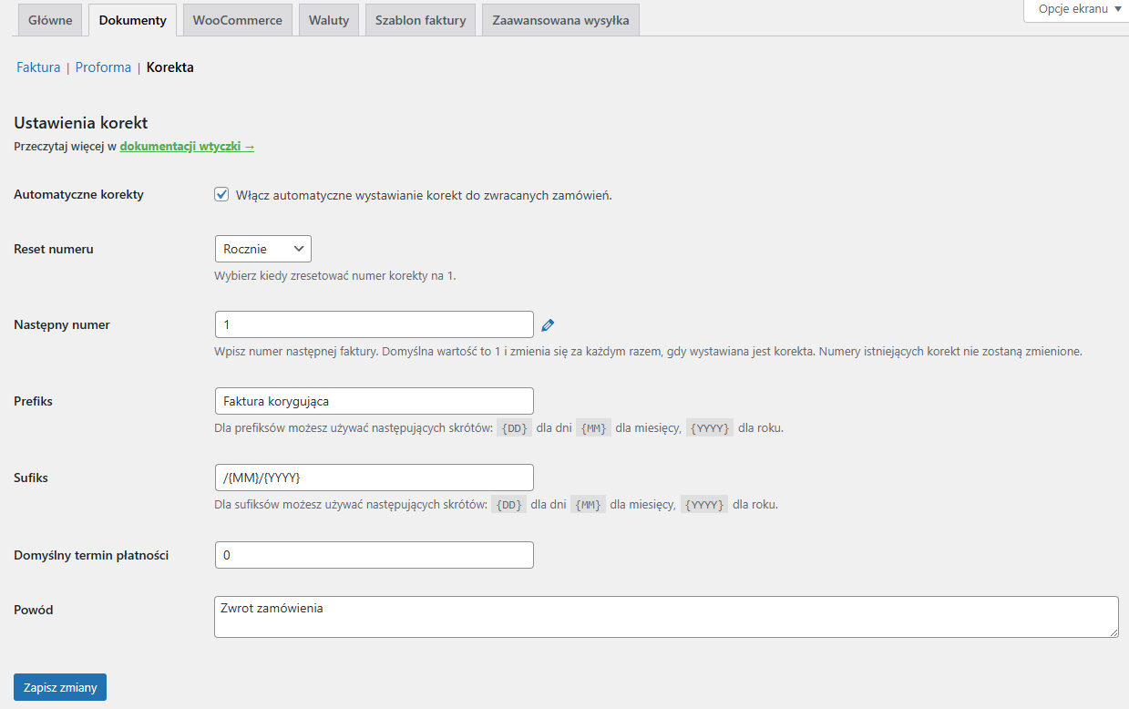 Panel ustawień faktury korekty