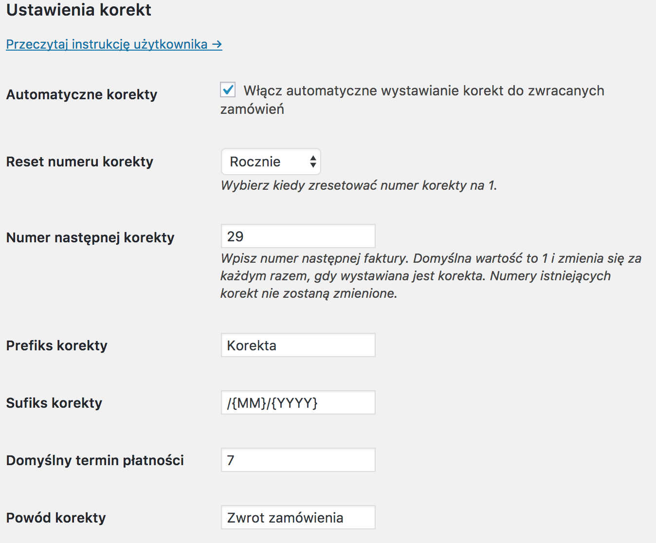 Faktury WooCommerce - ustawienia korekt