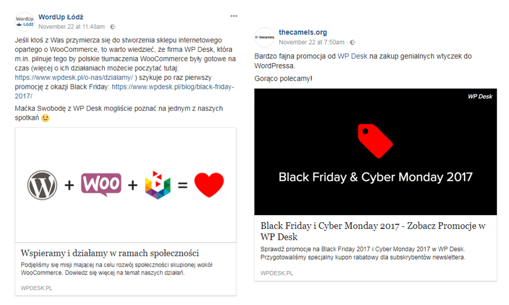 zrzut ekranu postów z Facebooka - WP Desk Black Friday