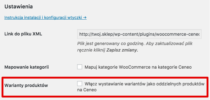 Włączanie wariantów produktów Ceneo