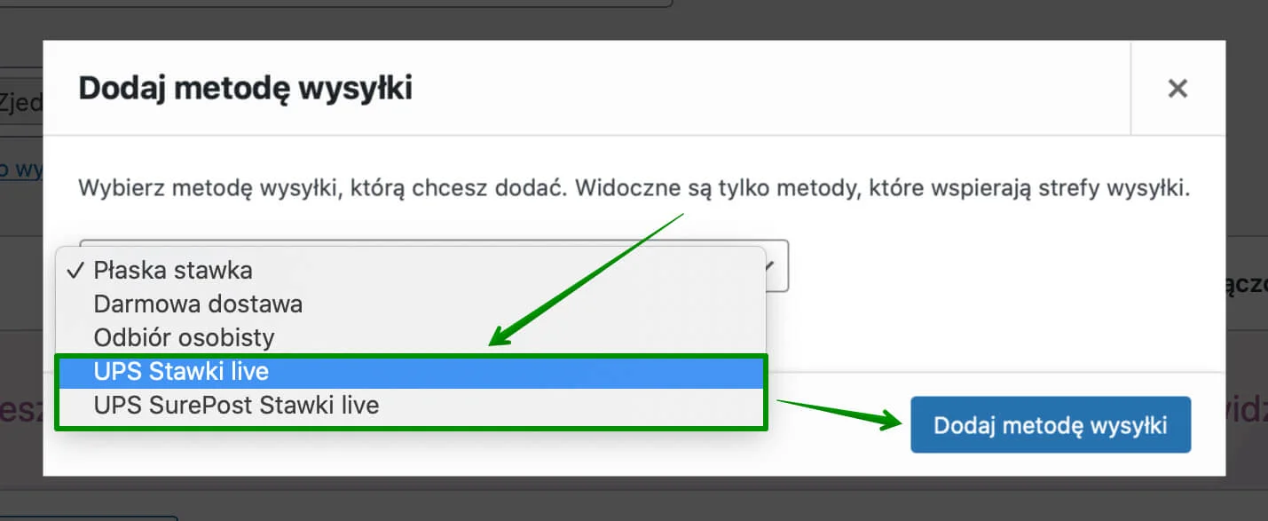 Wybór metody wysyłki UPS Stawki live