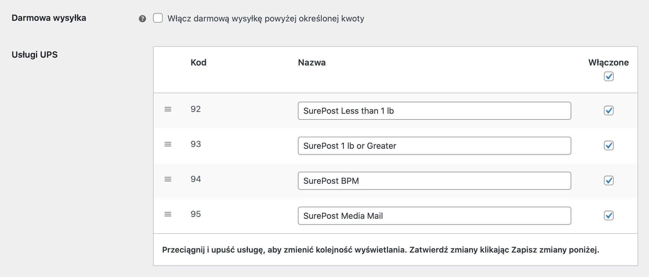 UPS SurePost tabela usług
