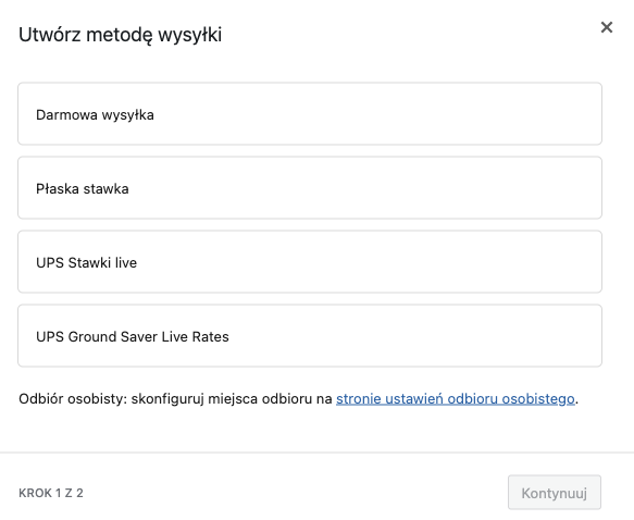 Wybór metody wysyłki UPS Stawki live