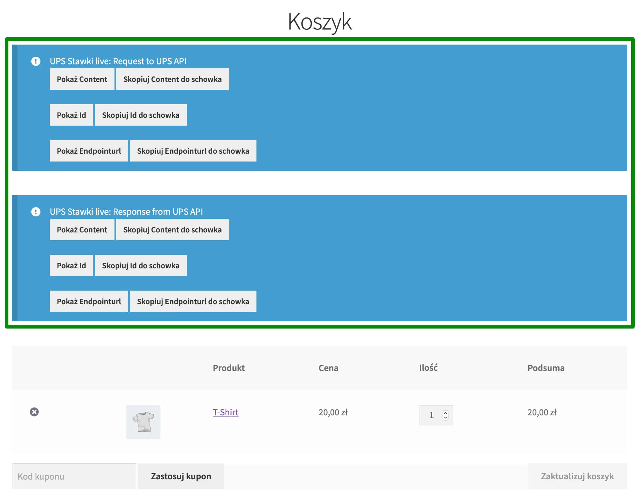 UPS WooCommerce Stawki live - Tryb debugowania