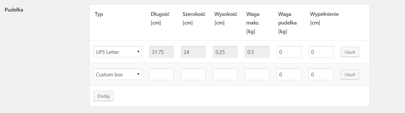 Pudełka UPS WooCommerce