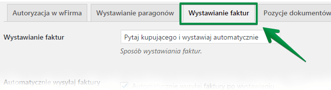 Wystawianie faktur - ekran konfiguracji wtyczki