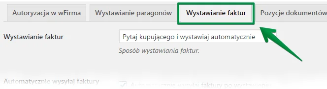 Wystawianie faktur - ekran konfiguracji wtyczki