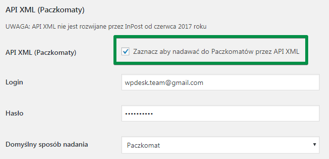 API XML - ustawienie dla Paczkomatów