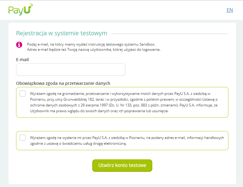 Rejestracja w PayU Sandbox