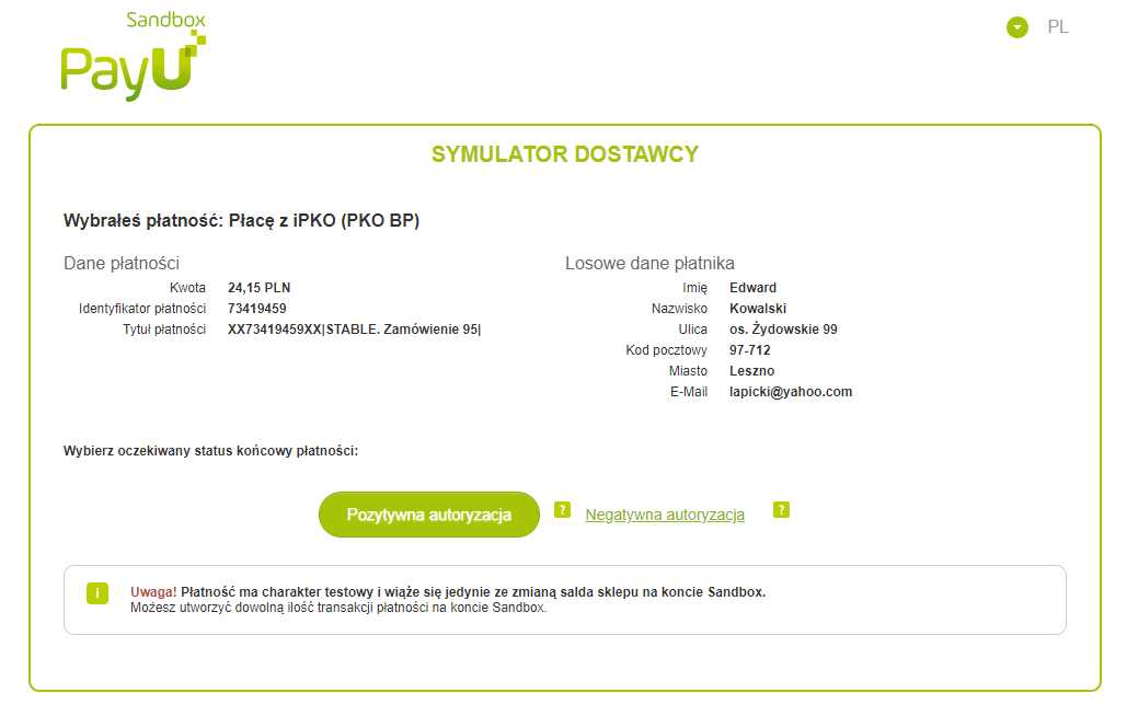 Symulator płatności PayU Sandbox