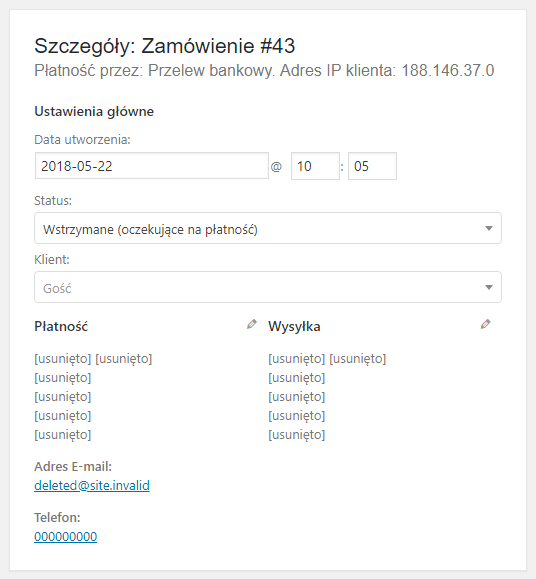 Zamówienie po usunięciu danych - podgląd