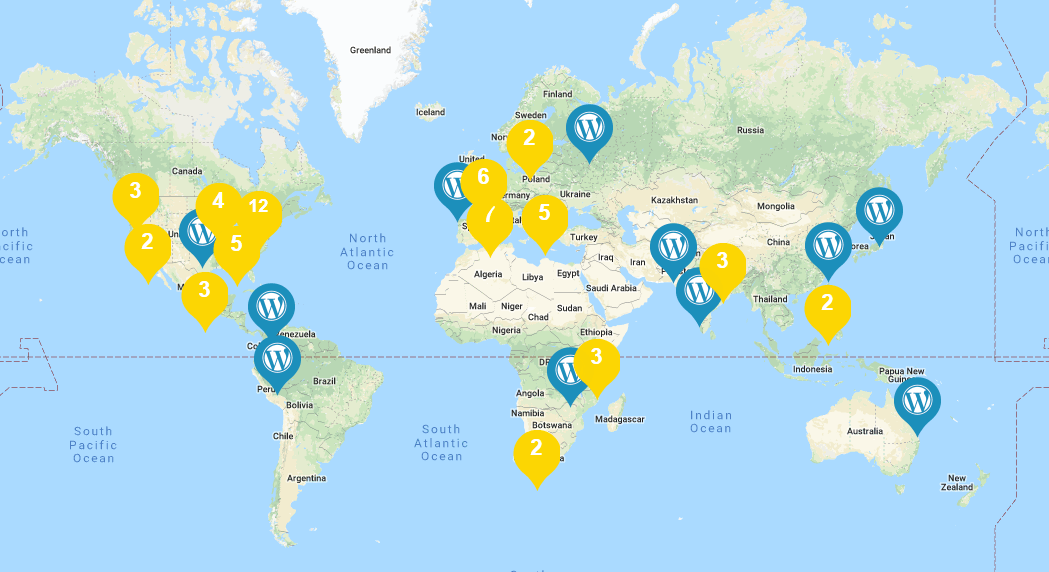 WordCampy w 2018 roku - mapa