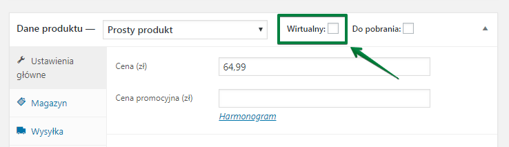 Produkt wirtualny - ustawienia produktu