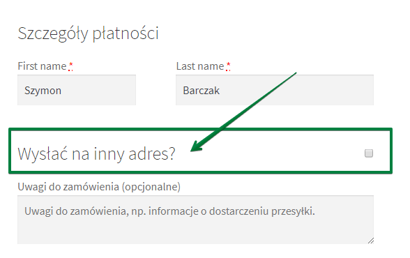 Wysyłka na inny adres - opcja na stronie zamówienia
