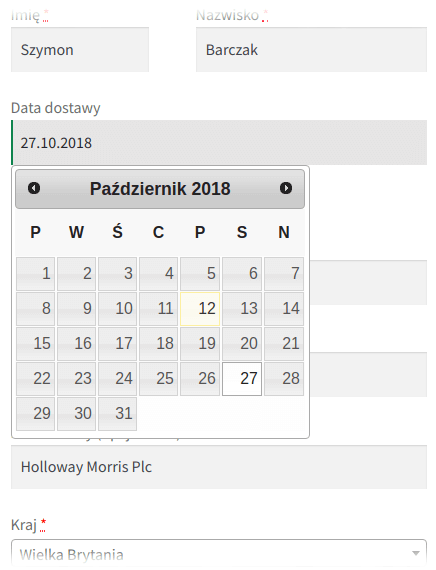 Data dostawy - selektor daty