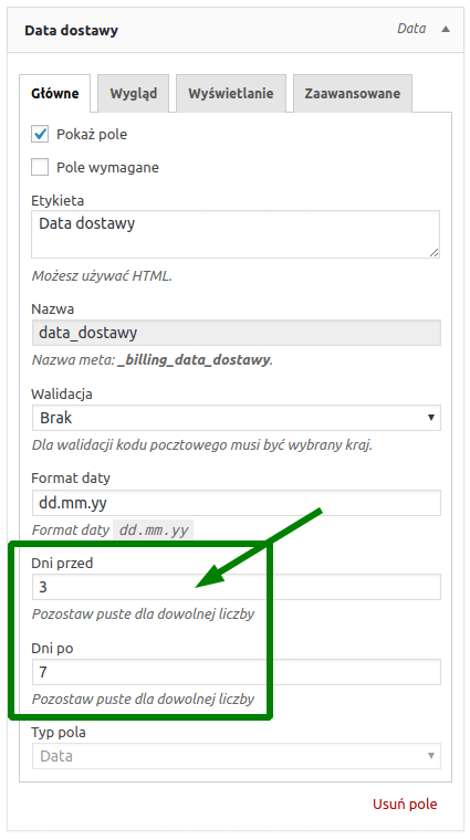 Data dostawy - ustawienia pola