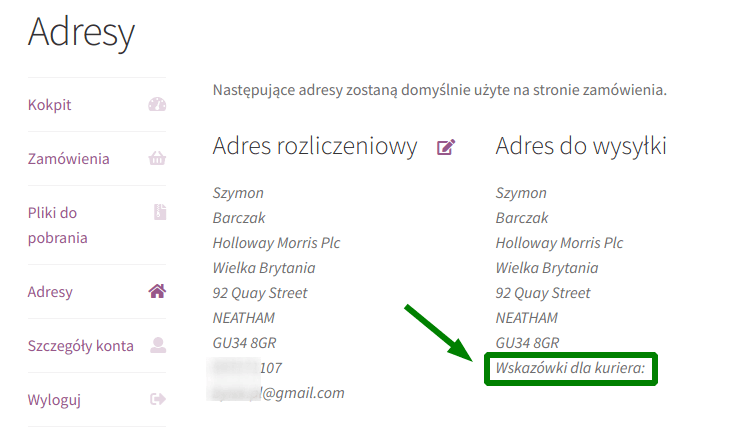 Wskazówki dla kuriera - pole własne w w Adresie do wysyłki