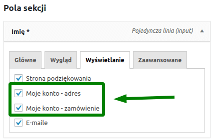 Ustawienia pola: Wyświetlanie