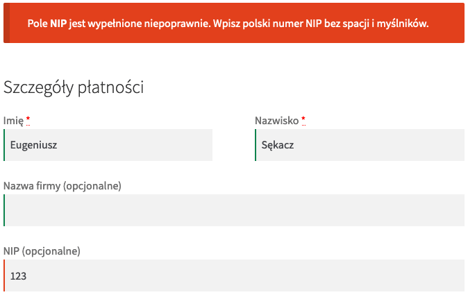 Flexible Checkout Fields błędny NIP