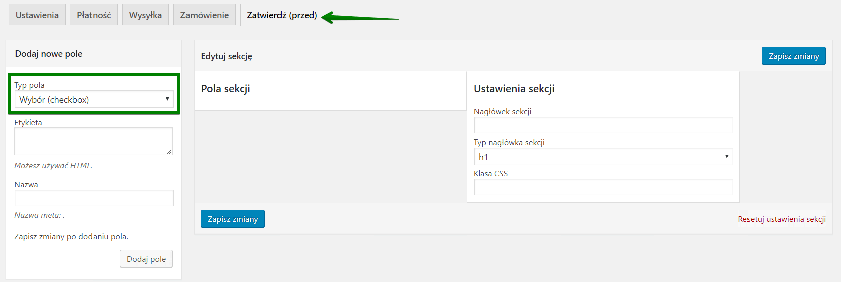 Dodawanie nowego pola w sekcji przed potwierdzeniem zakupu