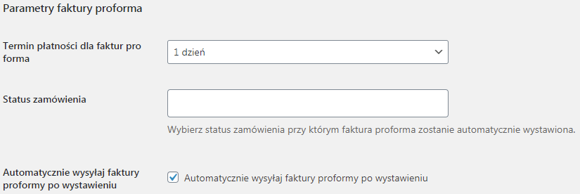 Parametry faktury proforma