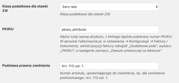 woocommerce fakturownia stawka ZW