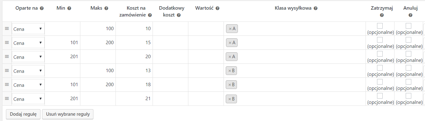 reguły wysyłki oparte na wadze
