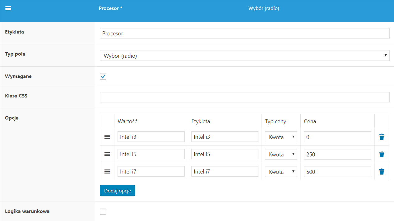 Konfiguracja laptopa w WooCommerce - procesor