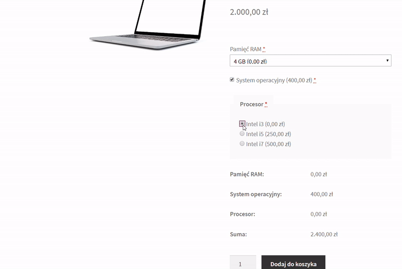 Konfigurator laptopa - dynamiczna zmiana cen