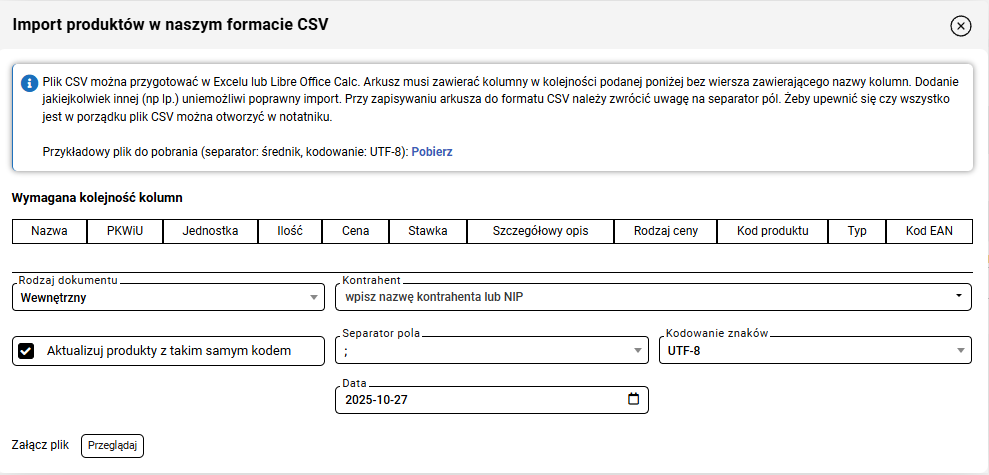 wFirma import produktów ustawienia