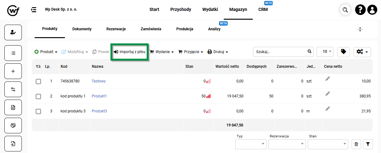 wFirma import produktów okno