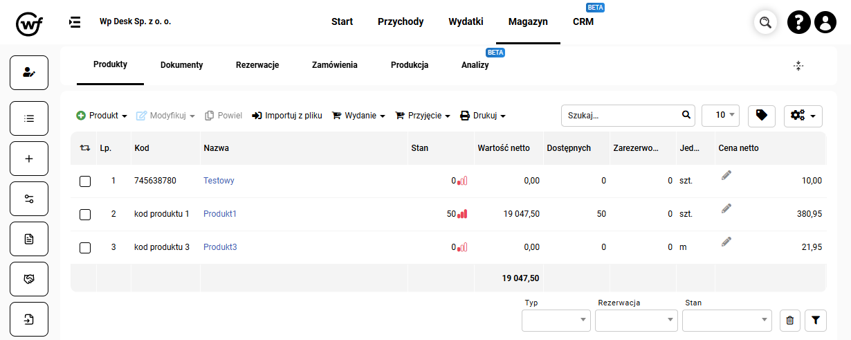 wFirma magazyn dodane produkty