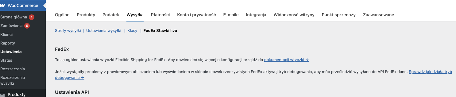 FedEx - Ustawienia główne